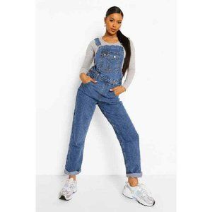 Boohoo Blue Denim Overalls Roll Up Hem Relax Straight Leg Dungarees Size 6